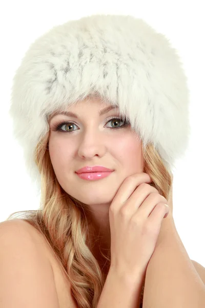 Beauty fashion model girl in a fur hat. — Stock Photo, Image