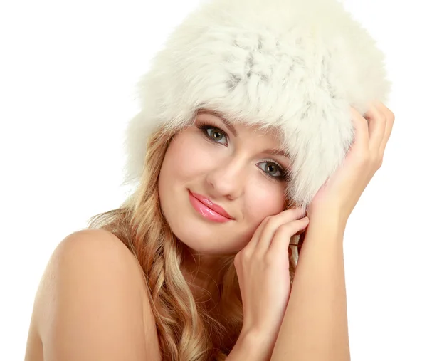 Beauty fashion model girl in a fur hat. — Stock Photo, Image