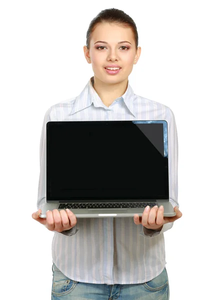 美丽的女人，与笔记本电脑的肖像 — 图库照片