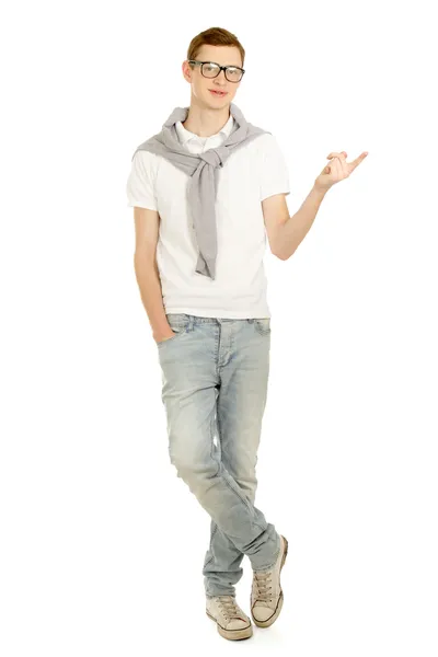 Young man pointing at something — Stock Photo, Image