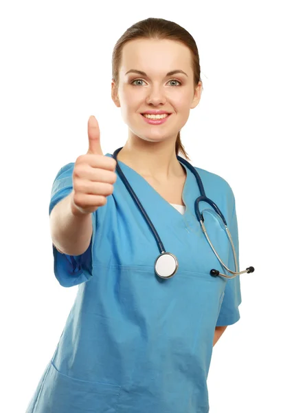 Ženský lékař ukazuje znamení pořádku — Stock fotografie