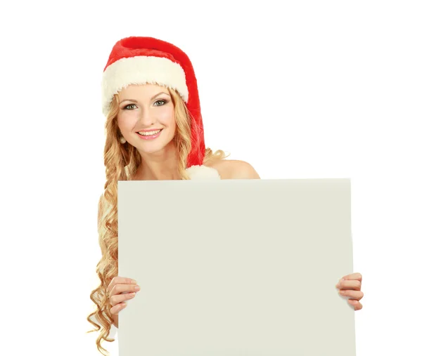 Weihnachtsfrau mit Weihnachtsmütze und leerem Brett — Stockfoto