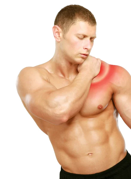 Muscular man with back neck ache, — Stock Photo, Image