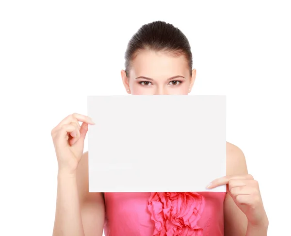 A smiling woman standing with blank — Stock Photo, Image