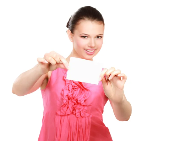 A smiling woman standing with blank — Stock Photo, Image