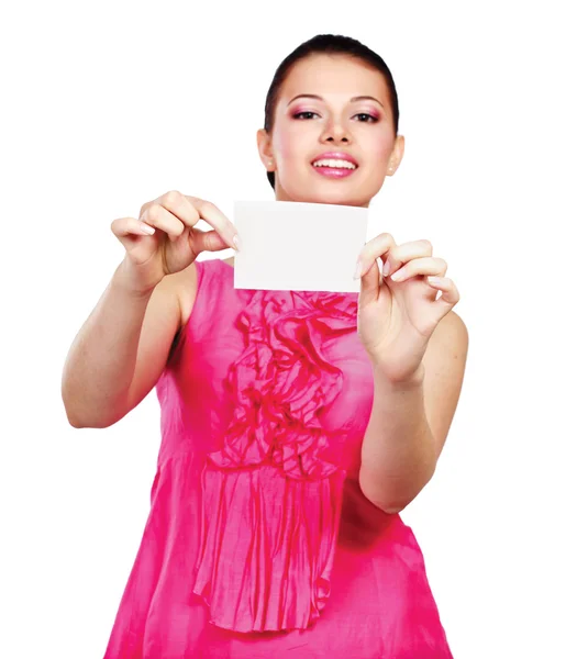 A smiling woman standing with blank — Stock Photo, Image