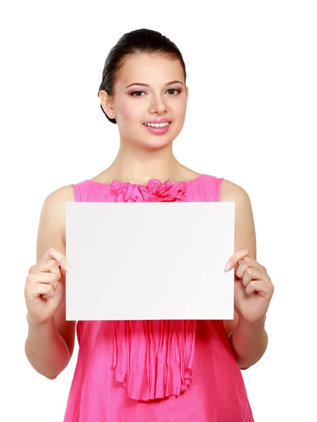 A smiling woman standing with blank — Stock Photo, Image