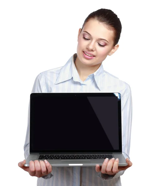 Portret van mooie vrouw met laptop — Stockfoto