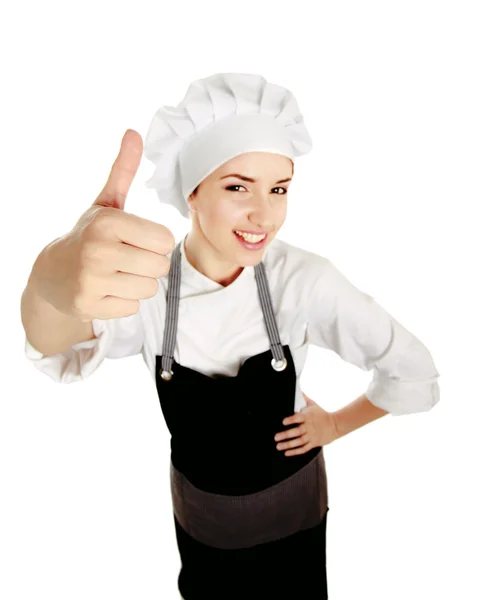 Attractive cook woman showing ok — Stock Photo, Image