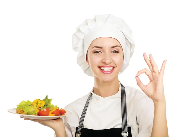 Attractive cook woman showing ok — Stock Photo, Image