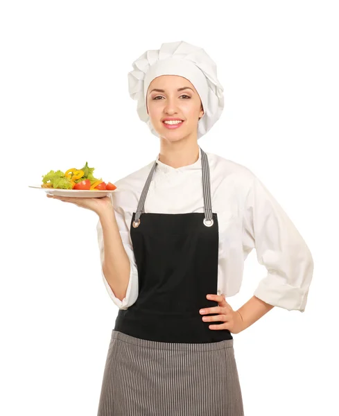 Pretty cook chief holding salad — Stock Photo, Image