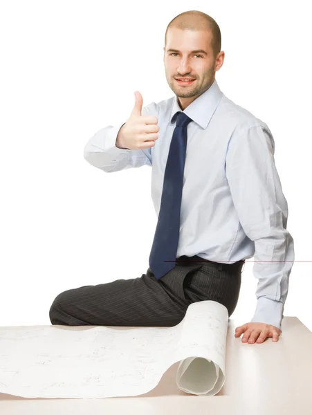 Worker with a draft showing ok — Stock Photo, Image