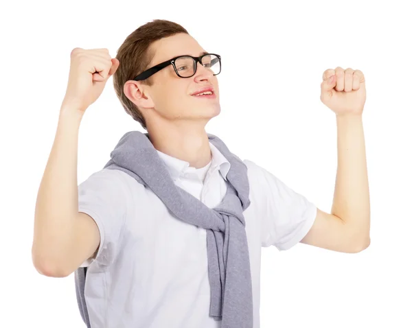 Casual man looking happy with his arms up — Stock Photo, Image