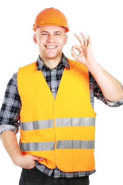 Young construcation worker showing ok — Stock Photo, Image