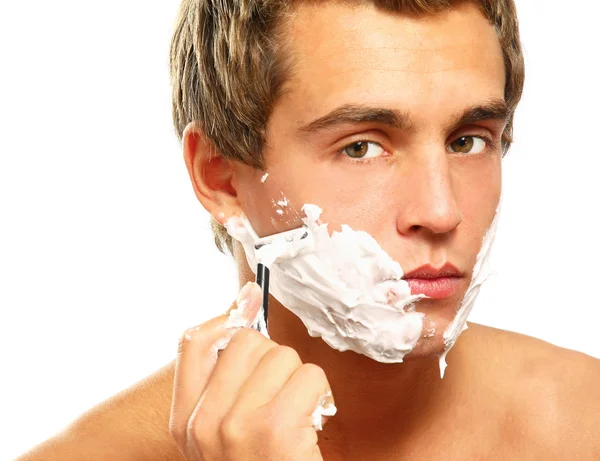 Man face with perfect skin shaving with foam — Stock Photo, Image