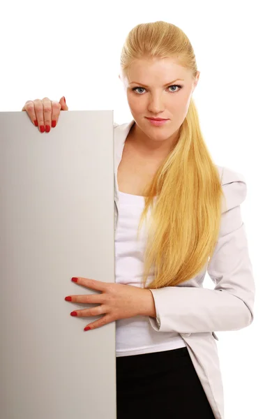 Portrait of a smiling young woman with blank — Stock Photo, Image