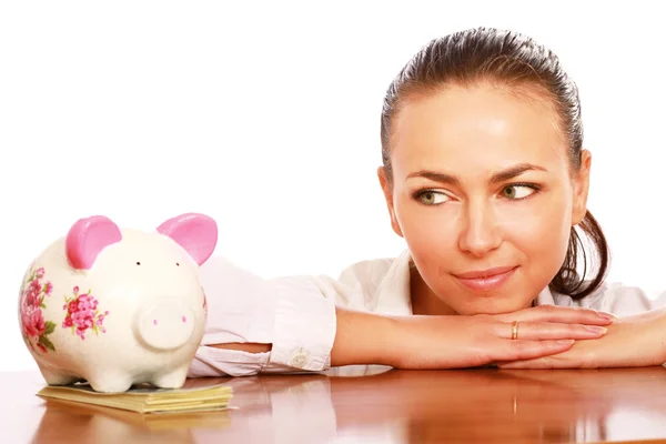 Woman with piggy bank — Stock Photo, Image