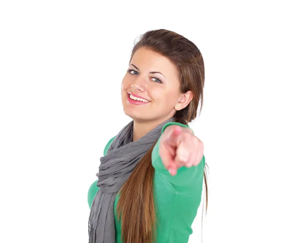 Feliz sorrindo mulher apontando para você — Fotografia de Stock