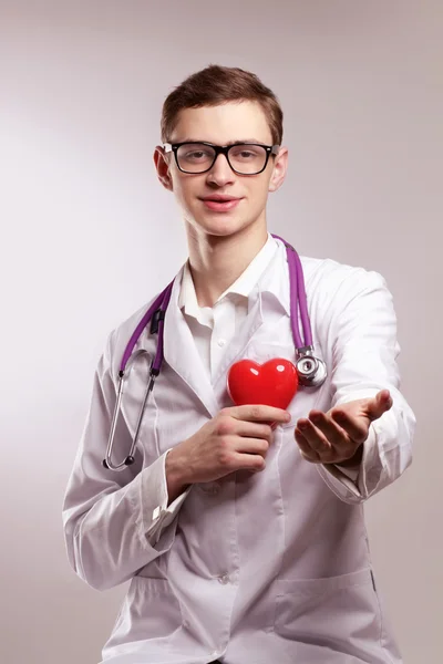 Doctor with stethoscope holding heart Stock Photo