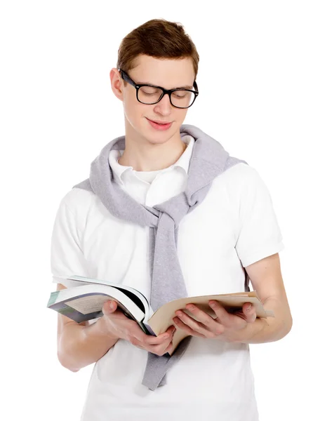 Portrait of a college guy with book , isolated on white background. — Stock Photo, Image