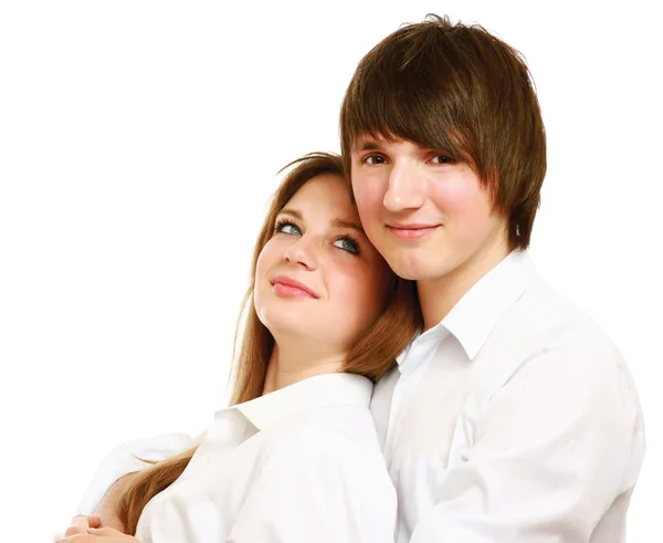 Retrato de feliz jovem casal isolado em fundo branco . — Fotografia de Stock