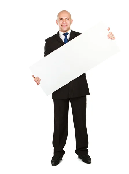 A business man with an empty blank, isolated on white background. — Stock Photo, Image