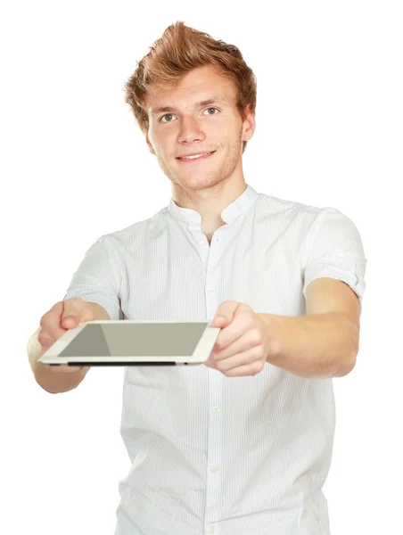 Podnikatel drží počítač letadlo tabulka — Stock fotografie