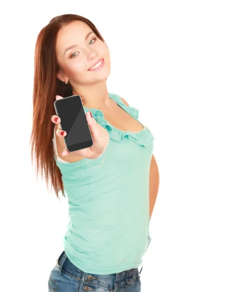 Retrato de bela jovem mulher usando celular — Fotografia de Stock