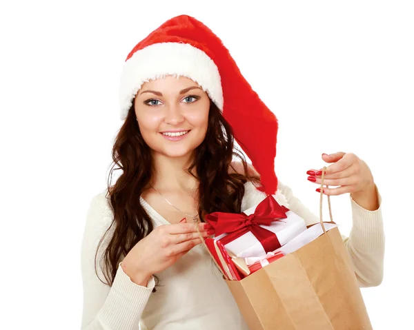 Lachende meisje in Kerstman hoed — Stockfoto