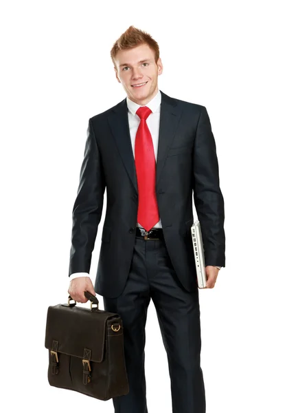 Portret van succesvolle zakenman met zak. — Stockfoto