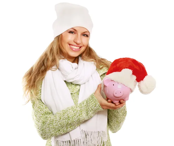 Jonge mooie vrouw met piggy bank — Stockfoto