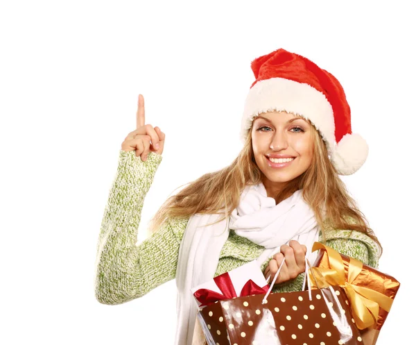 Chica excitada con bolsa llena de regalos de Navidad — Foto de Stock