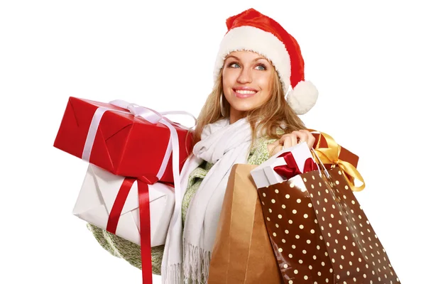 Jeune femme avec chapeau de Père Noël — Photo