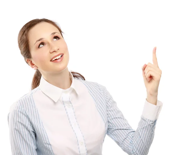 Pretty young female pointing at copyspace — Stock Photo, Image