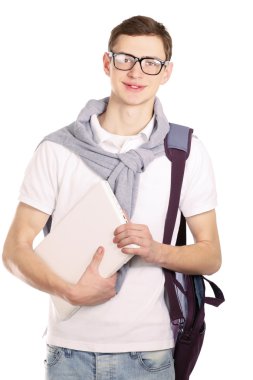 dizüstü bilgisayar ile bir üniversite adam portresi