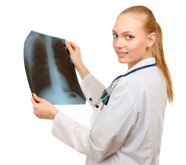 Närbild porträtt av en kvinnlig läkare med en x-ray. — Stockfoto