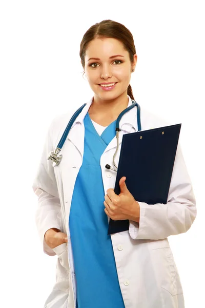 Kobieta lekarz z folderu na białym tle — Zdjęcie stockowe