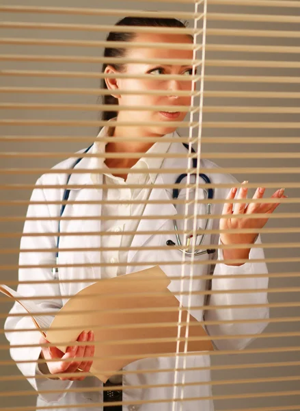 Mujer joven está de pie en la ventana cercana con la carpeta — Foto de Stock