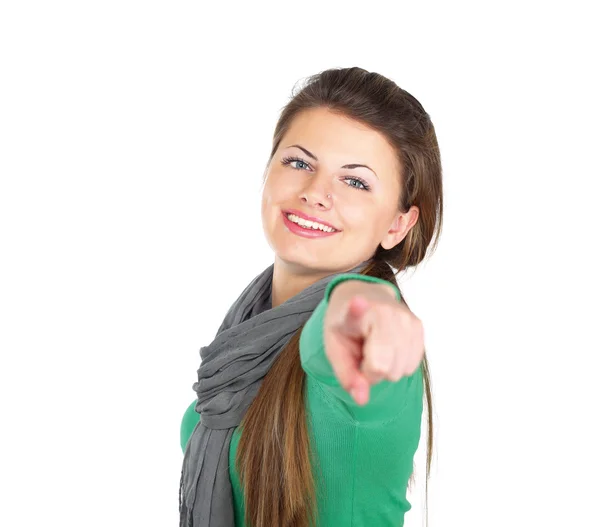 Feliz sorrindo mulher apontando para você — Fotografia de Stock