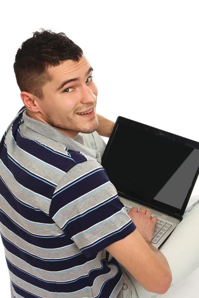 Jonge gelukkig man met laptop — Stockfoto