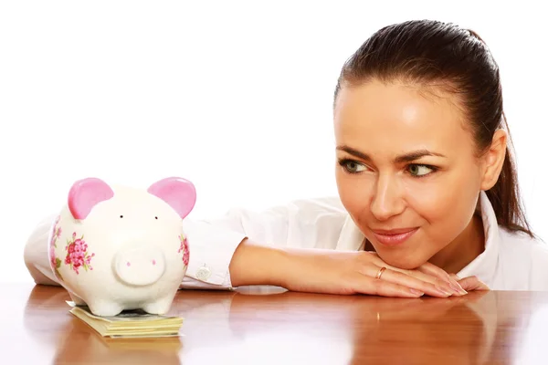 Young beautiful woman with piggy bank — Stock Photo, Image