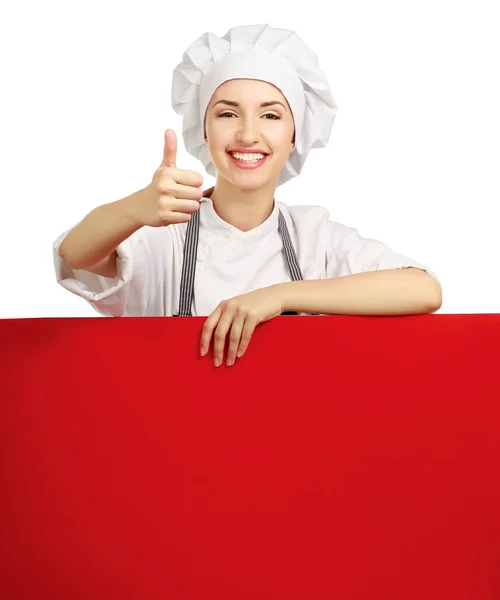 Chef mulher segurando uma placa em branco e mostrando ok — Fotografia de Stock