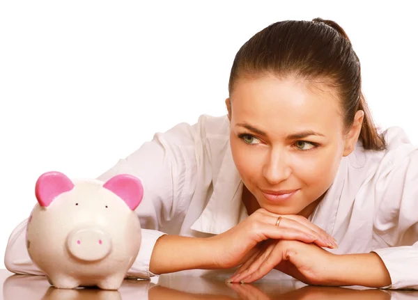 Young beautiful woman with piggy bank — Stock Photo, Image