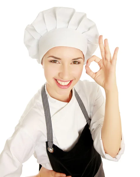 Attractive cook woman showing ok — Stock Photo, Image