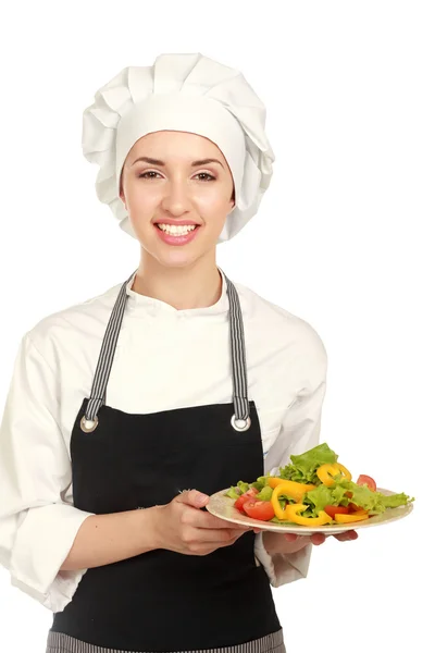 Guapa cocinero jefe celebración ensalada — Foto de Stock