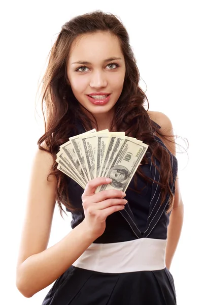 A young woman with dollars in her hands — Stock Photo, Image