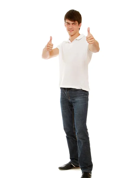 Full-length portrait of a young man showing ok — Stock Photo, Image