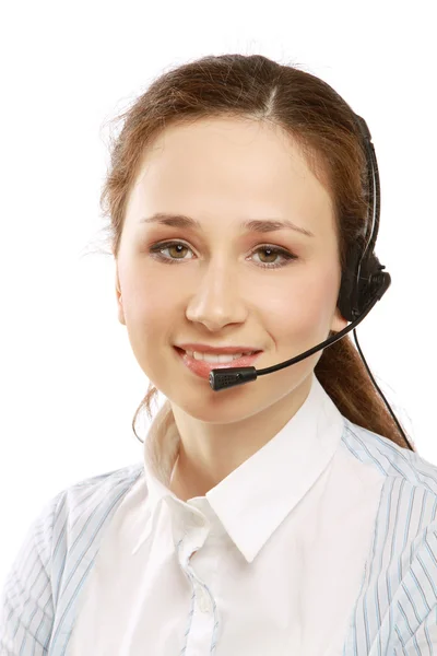 Nahaufnahme eines lächelnden Kundendienstmädchens — Stockfoto