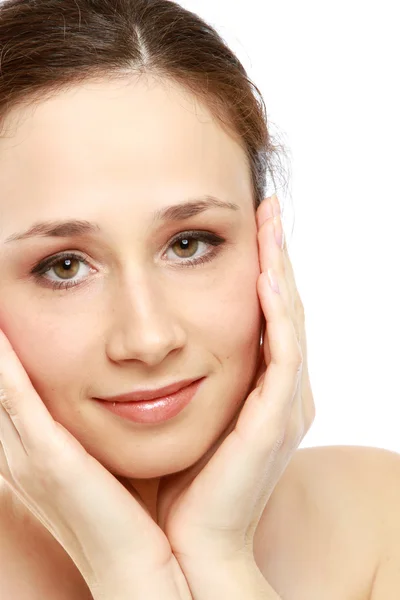 A beautiful woman with hands on her cheeks — Stock Photo, Image