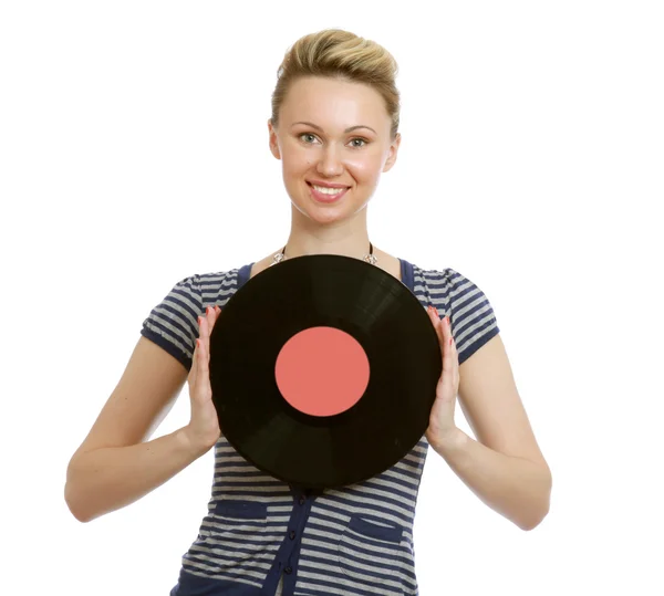 Girl with vinyl disc closeup — Stock Photo, Image